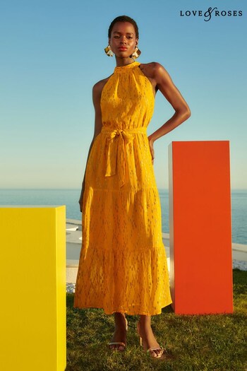 A-Z Girls Brands Yellow Metallic Halter Belted Midi Dress (K58305) | £60