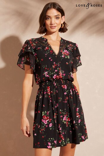 Love & Roses Black Petite Floral Jersey Mix V Neck Flutter Sleeve Mini Dress (K58308) | £48