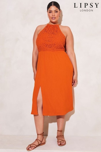 Lipsy Orange Curve Crochet Halter Midi Dress (K58337) | £18.50