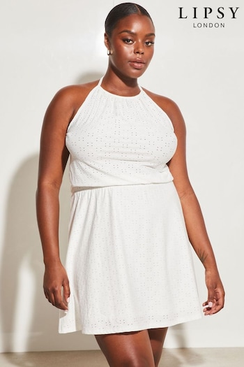 Lipsy Ivory White Curve Jersey Broderie Fit and Flare Halter Mini Dress (K58338) | £44