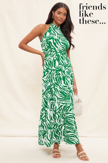Friends Like These Green Animal Jersey Tiered Halter Maxi Dress (K58784) | £40