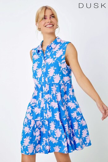 Dusk Blue & White Sleeveless Floral Frill Hem Shirt Dress (K58812) | £48