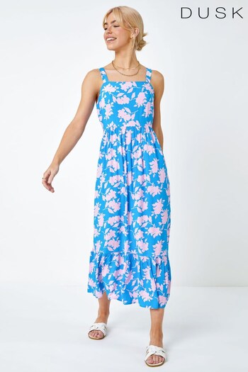 Dusk Blue Multi Floral Strappy Tiered Maxi Dress (K58814) | £50