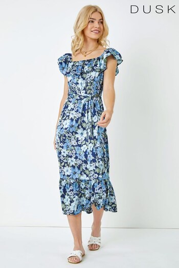 Dusk Blue Multi Ditsy Floral Bardot Midi Dress (K58819) | £65