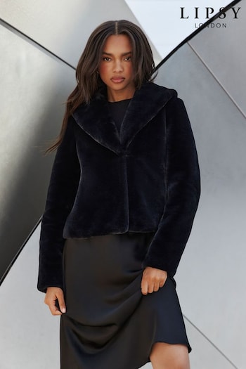 Lipsy Black Shawl Oversize Collar Plush Faux Fur Coat (K58847) | £79