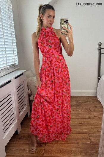 Style Cheat Pink Floral Willow High Neck Tiered Maxi Dress (K58855) | £55