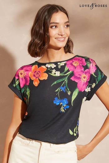 Love & Roses Black Floral Print Roll Sleeve Round Neck T-Shirt (K58859) | £25