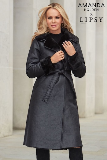 Lipsy Black Bonded Faux fur Longline Coat (K58901) | £95