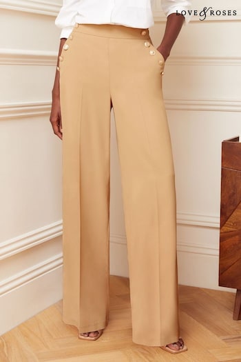 mens cotton pants with elastic waist Camel Military Button Wide Leg Trousers (K59172) | £45