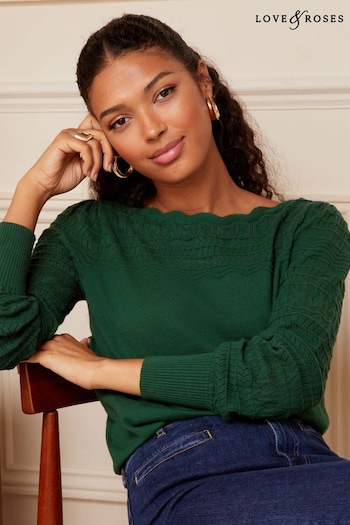 Armchairs & Accent Chairs Forest Green Pointelle Knit Scallop Neck Jumper (K59173) | £38