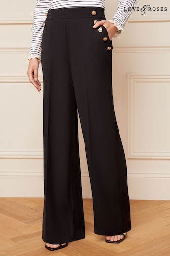 mens cotton pants with elastic waist Black Military Button Wide Leg Trousers (K59174) | £45