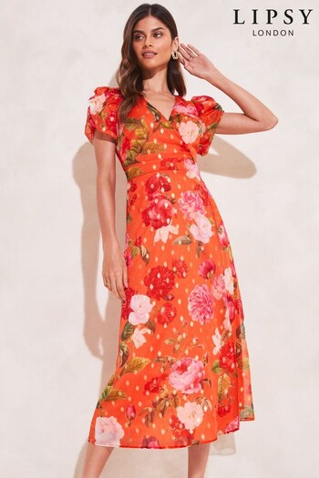 Lipsy Orange Floral Metallic Short Sleeve Wrap Midi Dress (K59252) | £65