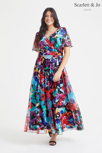 Scarlett & Jo Red & Blue Multi Floral Isabelle Angel Sleeve Maxi Dress (K59255) | £95