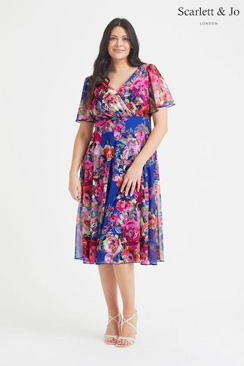 Scarlett & Jo Royal Blue Multi Floral Victoria Angel Sleeve Mesh Midi Dress (K59260) | £85