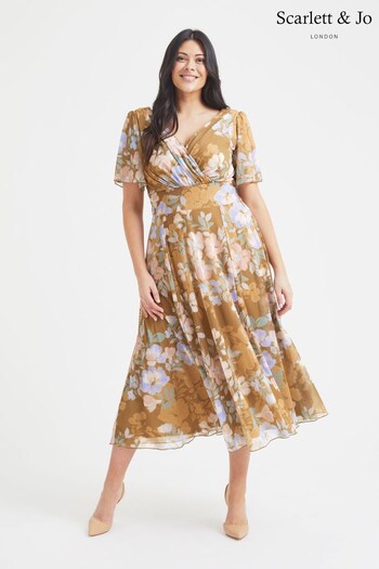 Scarlett & Jo Gold Mushroom Victoria Angel Sleeve Mesh Midi Dress (K59262) | £85