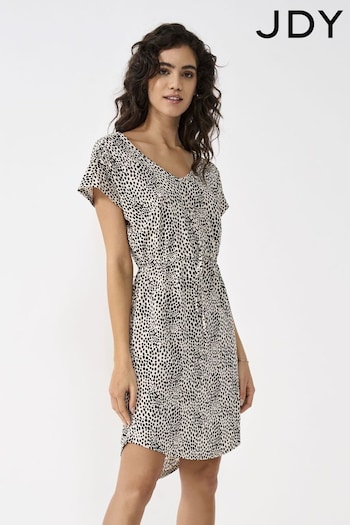 JDY Black/White Polka Dot V Neck Short Sleeve Curved Hem Mini Dress (K59662) | £26