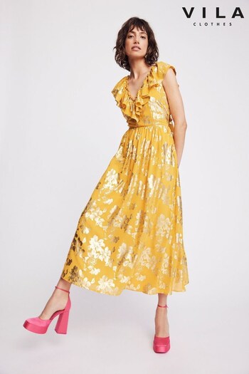 VILA Yellow Floral Foil Print Ruffle Occasion Maxi Dress (K59690) | £60