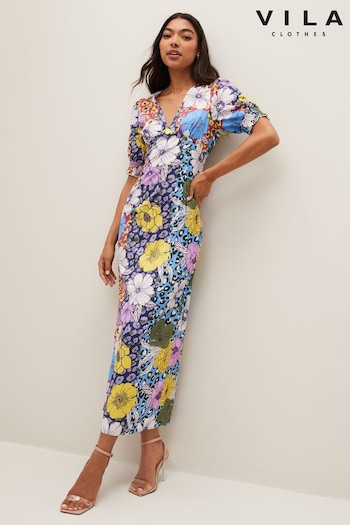 VILA Blue Mixed Floral Print Satin Maxi Dress (K59691) | £42