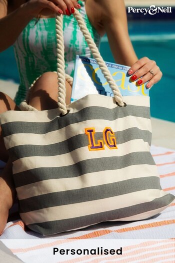 Personalised Grey Stripe Embroidered Beach Bag by Percy & Nell (K59767) | £25