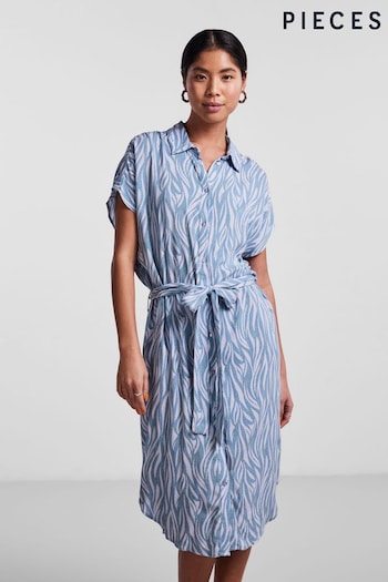 PIECES Blue Zebra Printed Midi Shirt Dress (K59936) | £30