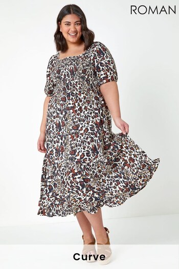 Roman Brown Curve Animal Shirred Tiered Midi Dress (K60042) | £48