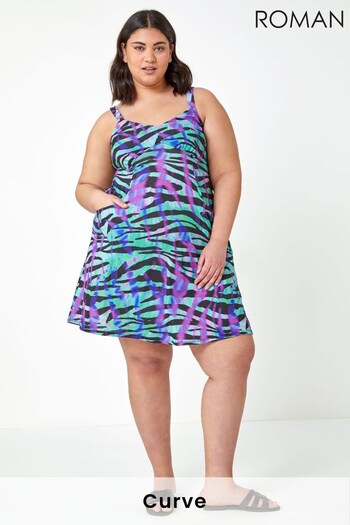 Roman Green & Purple Multi Curve Animal Print Strappy Sun Dress (K60045) | £36
