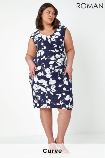 Roman Navy Blue & White Curve Floral Ruched Stretch Shift Dress (K60048) | £45