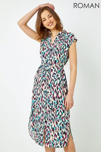 Roman Pink Blue & Black Multi Animal Print Midi Shirt Dress (K60069) | £40