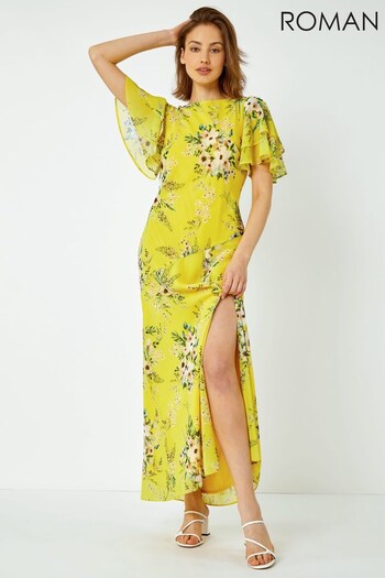 Roman Yellow Multi Floral Tiered Sleeve Maxi Dress (K60072) | £65