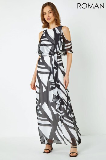 Roman White & Black Geometric Overlay Halter Neck Maxi Dress (K60086) | £65