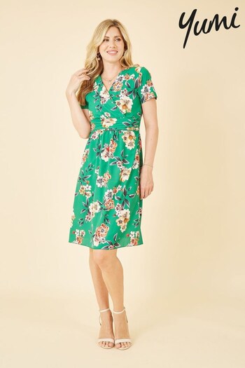 Yumi Green Multi Floral Ruched Waist Dress (K60117) | £55