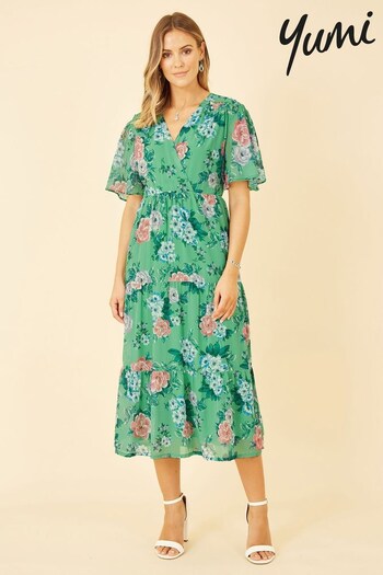 Yumi Green Multi Floral Wrap Midi Dress With Tiered Hem (K60122) | £55