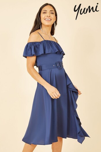Yumi Blue Bardot Satin Frill Dress With Belt (K60124) | £55