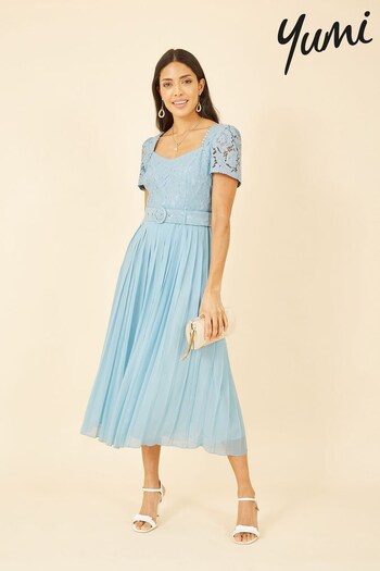 Yumi Blue Lace Dress With Pleated Skirt and Belt (K60132) | £65