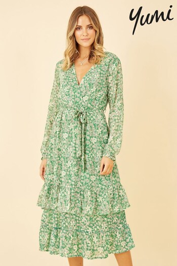 Yumi Green Multi Floral Wrap Long Sleeve Tiered Midi Dress (K60135) | £58