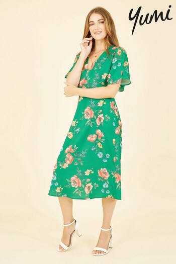 Yumi Green Multi Floral Kimono Midi Dress (K60137) | £55