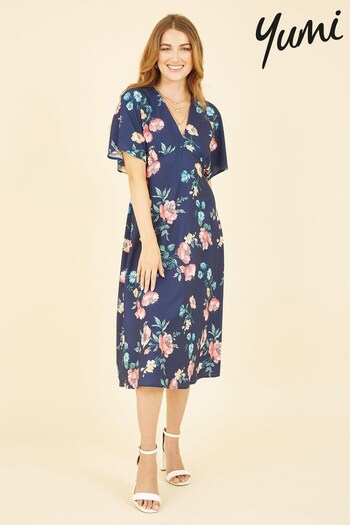 Yumi Blue Multi Floral Kimono Midi Dress (K60138) | £55