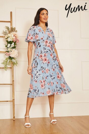 Yumi Blue Multi Floral Pleated Wrap Midi Dress (K60139) | £60
