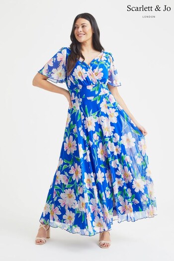 Scarlett & Jo Royal Blue Floral Isabelle Angel Sleeve Maxi Dress (K60152) | £95