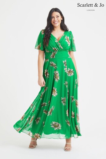 Scarlett & Jo Green Sunflower Isabelle Angel Sleeve Maxi Dress (K60154) | £95
