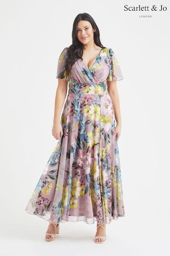 Scarlett & Jo Pink & Purple Multi Floral Isabelle Angel Sleeve Maxi Dress (K60155) | £95