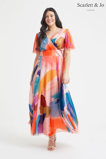 Scarlett & Jo Pink Multi Brush Isabelle Angel Sleeve Maxi Dress (K60156) | £95