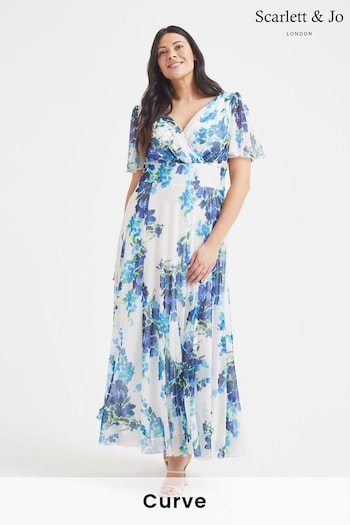Scarlett & Jo Cream & Blue Floral Isabelle Angel Sleeve Maxi Dress Craig (K60157) | £95