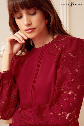 Gifts For Him Berry Red Petite Tie Back Long Sleeve Lace Blouse (K60201) | £38