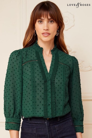 Love & Roses Forest Green Green Petite Dobby Lace Trim 3/4 Sleeve Button Through Blouse (K60205) | £36