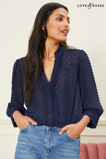 Jumpers & Knitwear Navy Petite Dobby Lace Trim 3/4 Sleeve Button Through Blouse (K60215) | £36