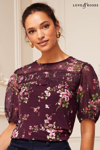 Love & Roses Berry Red Floral Petite Scallop Dobby Yoke Round Neck Short Sleeve Jersey Top (K60221) | £32