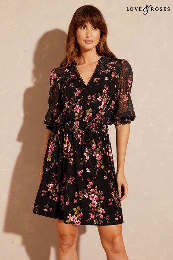 Love & Roses Black Petite Floral Jersey Sheer Mix 3/4 Sleeve Mini Dress (K60239) | £48