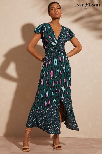 Love & Roses Green Animal Petite Printed Twist Front V Neck Flutter Sleeve Midi Summer Dress (K60241) | £52