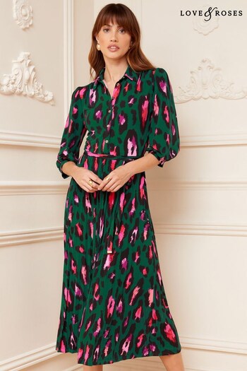 Love & Roses Green Animal Petite Jersey Pleated Belted Midi Summer Sportswear Shirt Dress (K60242) | £50